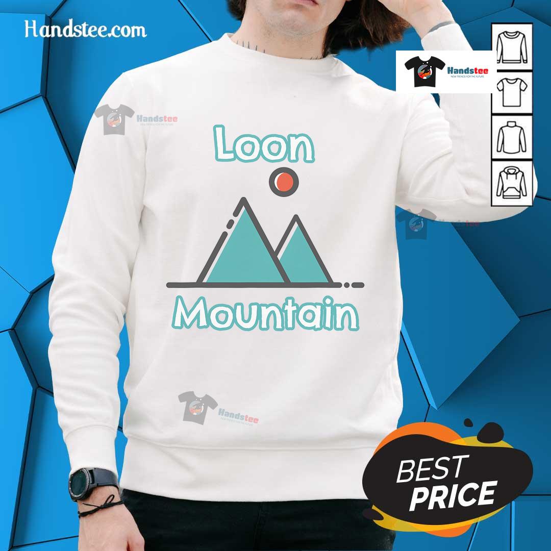 Cozy Good Loon Mountain sweatshirt featuring scenic Lincoln, New Hampshire mountains, perfect for outdoor enthusiasts.