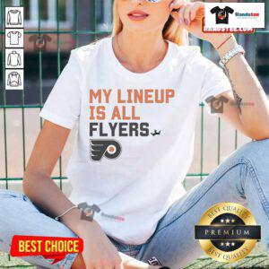 Alt Text: Good Philadelphia Flyers My Lineup Ladies Tee featuring bold team graphics for stylish fans.