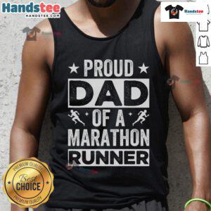 Alt Text: Proud dad wearing a Good Proud Dad of a Marathon Runner tank top, celebrating his child's running achievements.