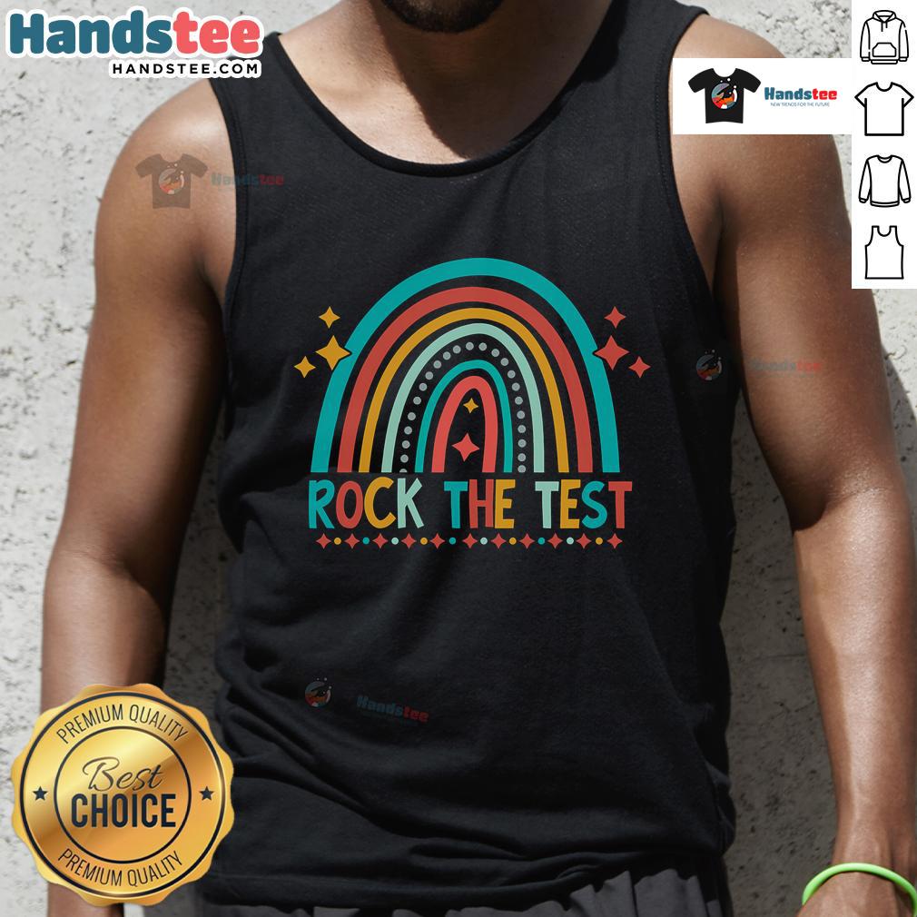 Student wearing a 'Good Rock the Test' rainbow tank top, celebrating testing day with luck and positivity in the classroom.