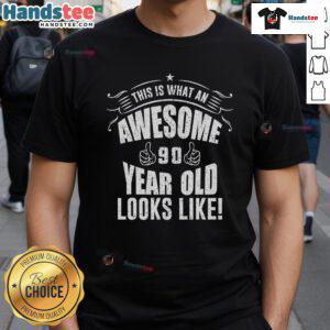 90th birthday t-shirt design featuring the phrase 'Good This Is What An Awesome 90 Year Old Looks Like' in vibrant colors.