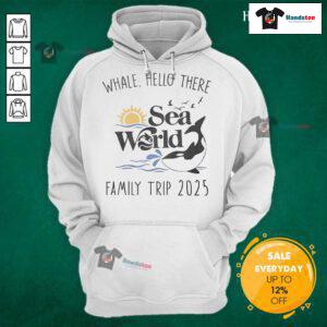 Family trip to Sea World 2025 in matching Good Whale Hello There hoodies, showcasing fun and togetherness.