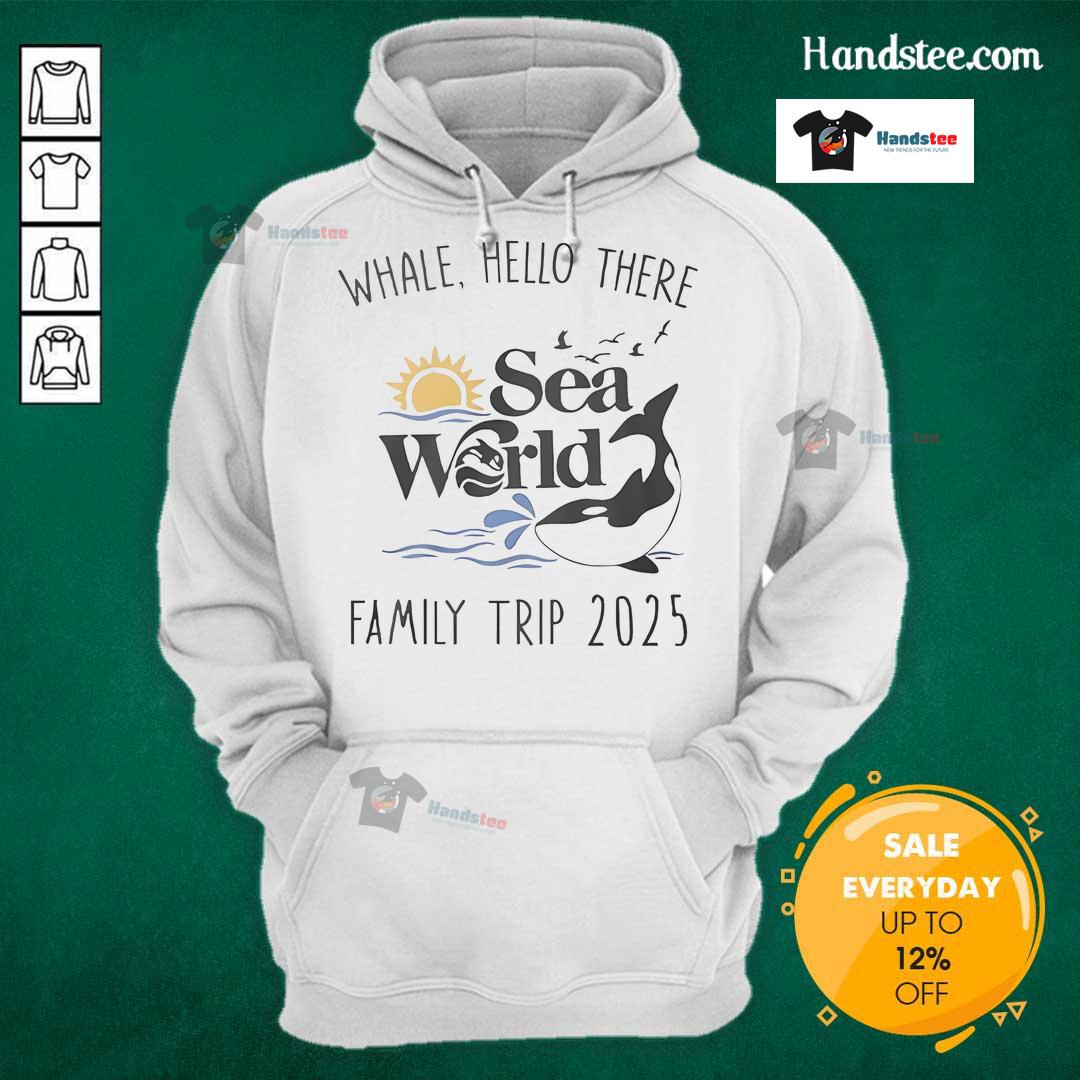 Family trip to Sea World 2025 in matching Good Whale Hello There hoodies, showcasing fun and togetherness.