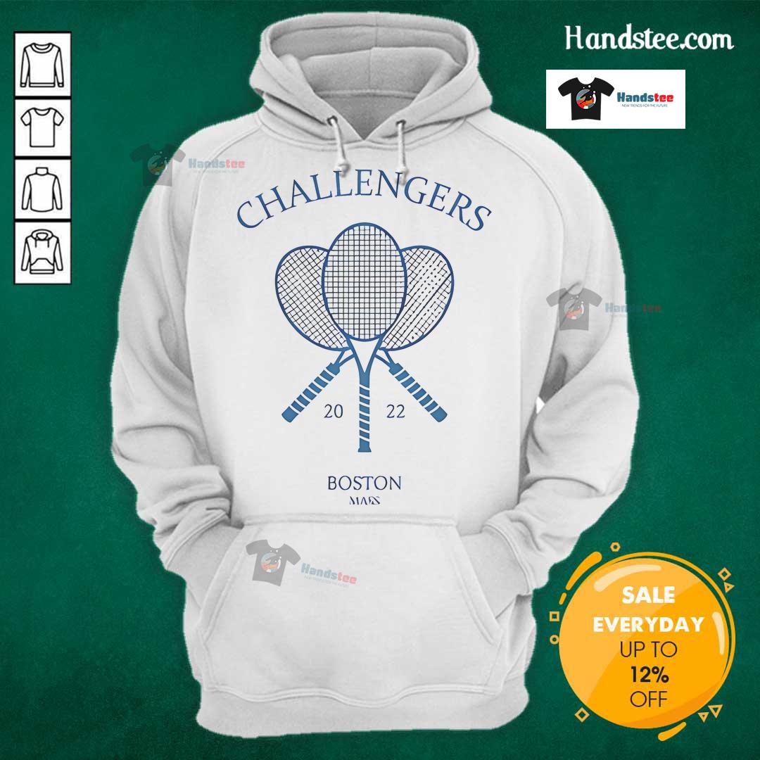 Alt Text: Zendaya wearing a stylish hoodie at the 2022 Boston Challengers tennis event, showcasing her sporty fashion.