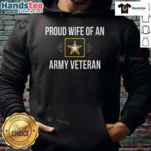 Happy proud wife of an army veteran wearing a hoodie, showcasing love and support for her veteran husband.