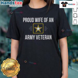 Happy proud wife of an Army veteran wearing a stylish ladies tee with military-themed design.