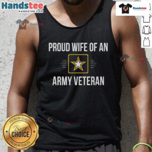 Happy proud wife of an army veteran wearing a tank top, showcasing love and support for her veteran husband.