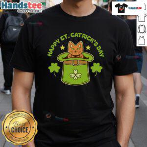 Happy St. Patrick's Day cute cat T-shirt featuring an adorable cat in a festive green hat and shamrock design.