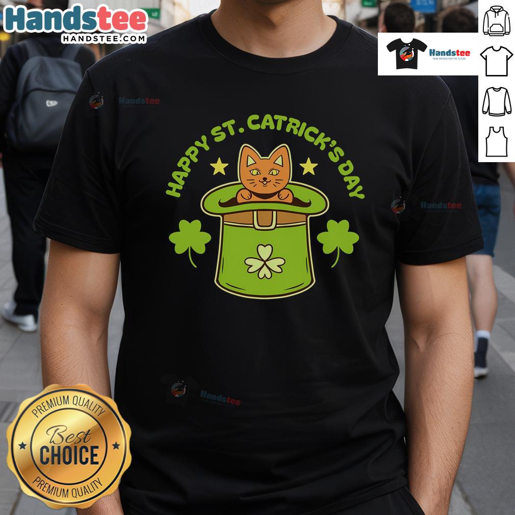 Happy St. Patrick's Day cute cat T-shirt featuring an adorable cat in a festive green hat and shamrock design.