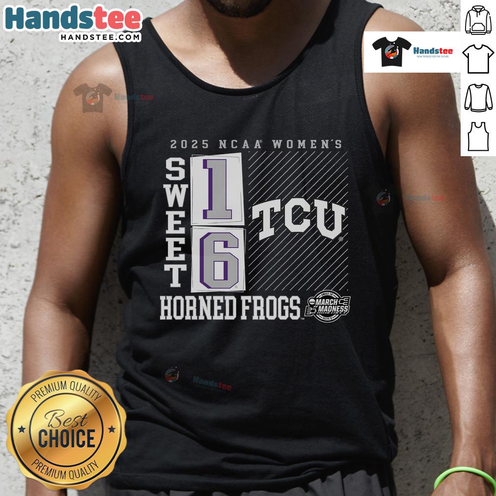 Hot TCU Horned Frogs 2025 NCAA Women's Basketball Tournament Sweet 16 tank top featuring a stylish no-look pass design.