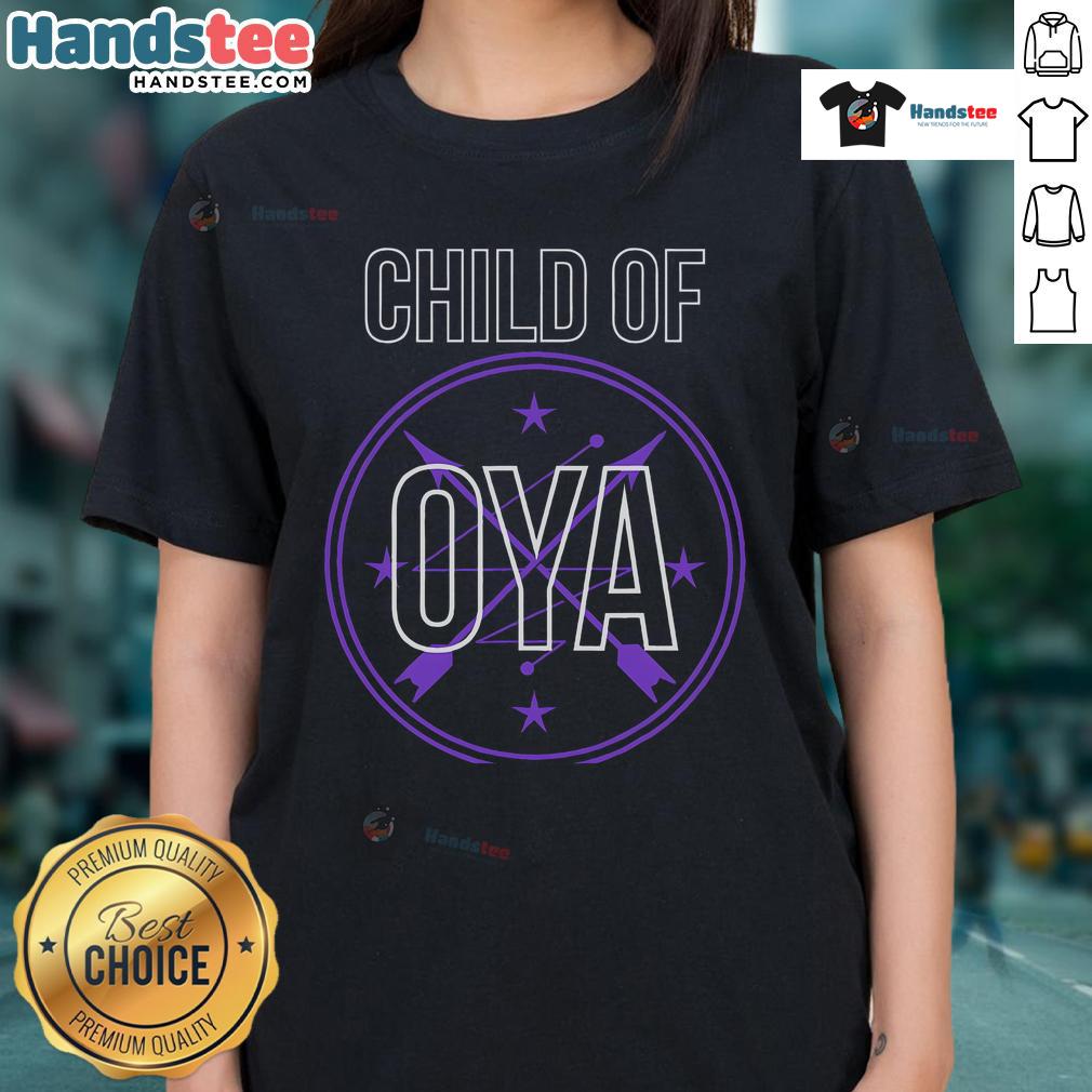 Alt Text: Nice African Goddess Yoruba Religion Veve design on Child of Oya Orisha ladies tee shirt, celebrating cultural heritage.