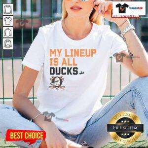 Alt Text: Stylish Nice Anaheim Ducks My Lineup Ladies Tee featuring team logo and vibrant colors for female hockey fans.