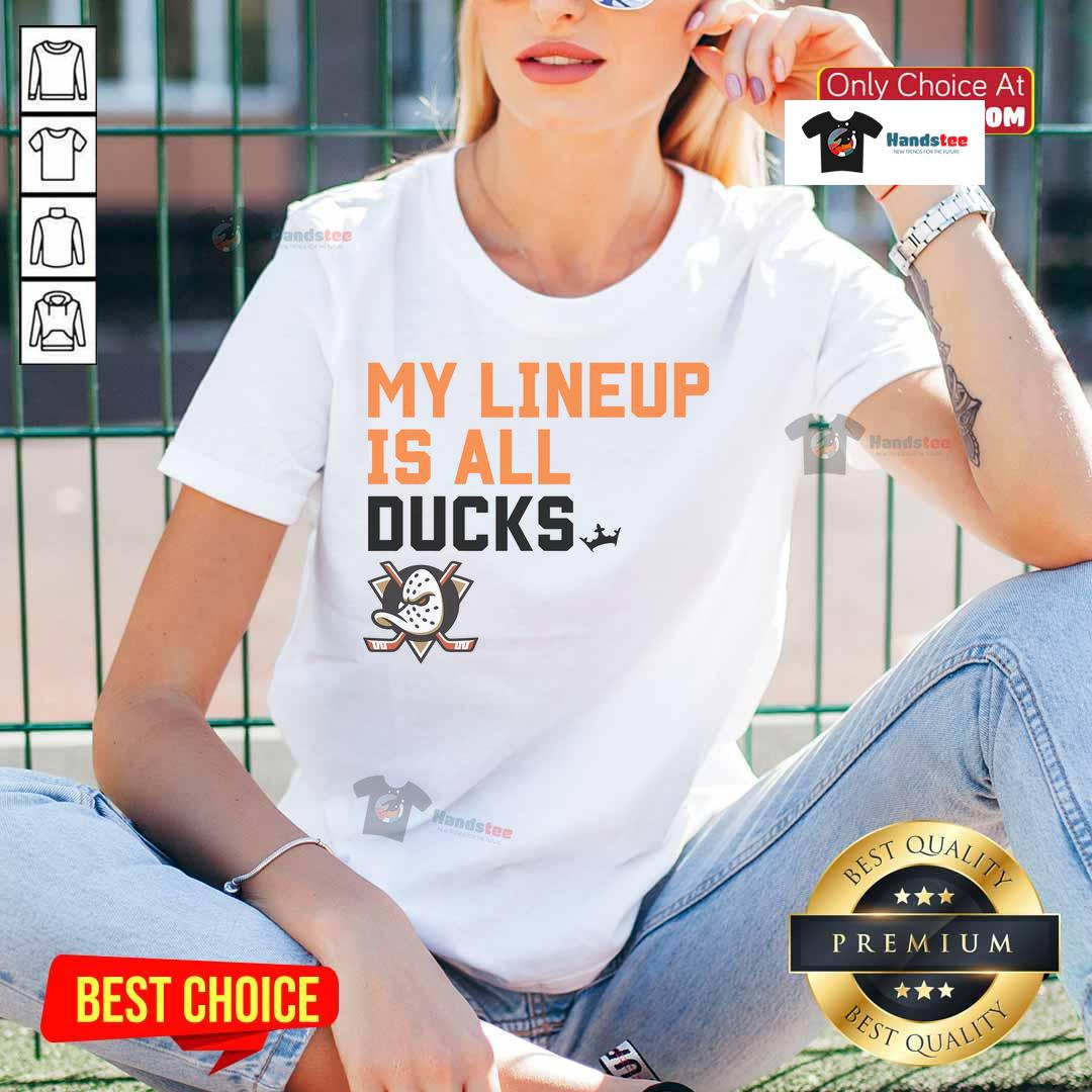 Alt Text: Stylish Nice Anaheim Ducks My Lineup Ladies Tee featuring team logo and vibrant colors for female hockey fans.
