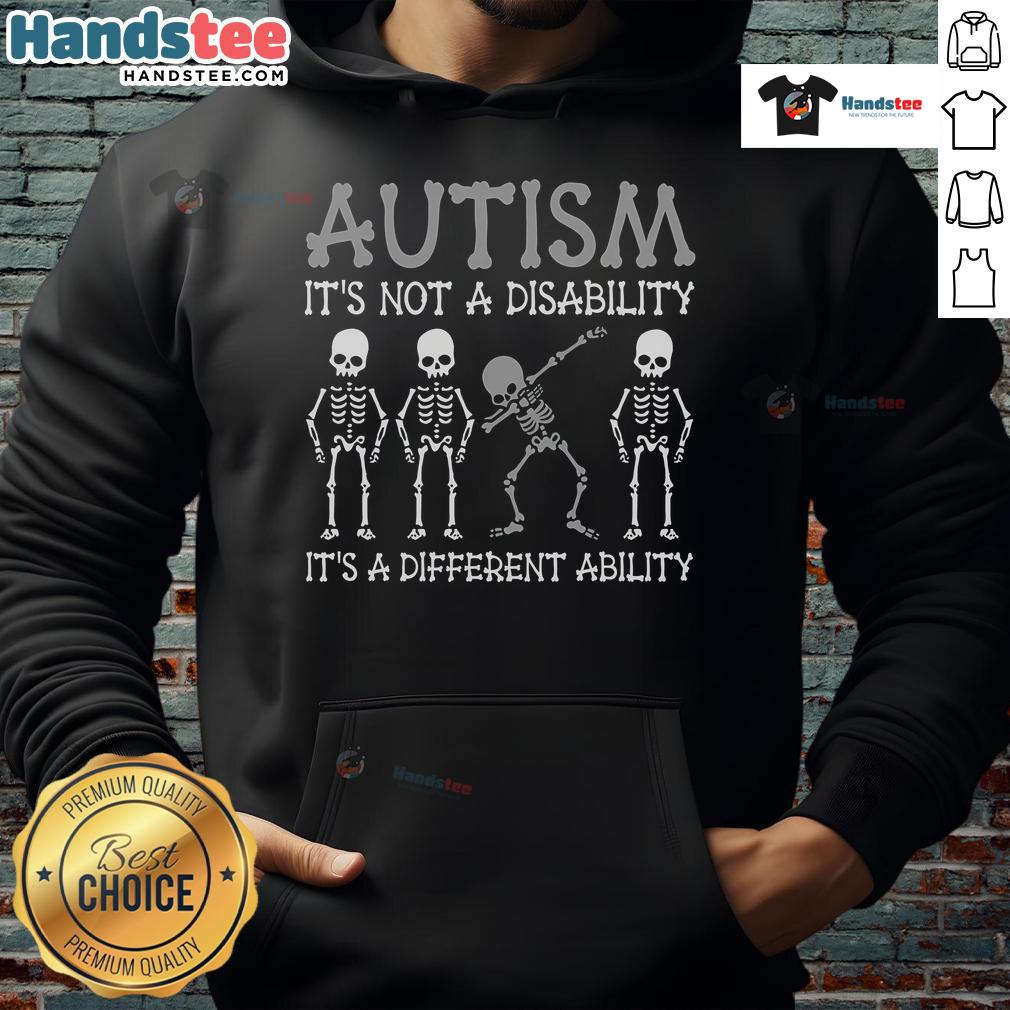 Skeleton wearing 'Nice Autism, It's Not a Disability, It's a Different Ability' hoodie, promoting autism awareness.