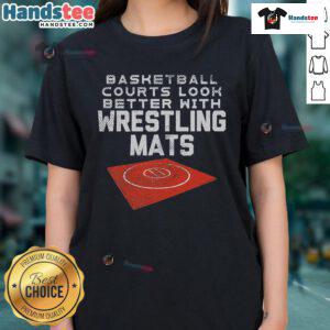 Stylish ladies' tee featuring nice basketball courts enhanced with wrestling mats for a unique sports look.