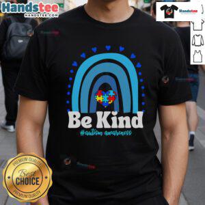Nice Be Kind Autism Awareness Rainbow Puzzle Heart T-Shirt featuring a colorful puzzle heart design promoting kindness.