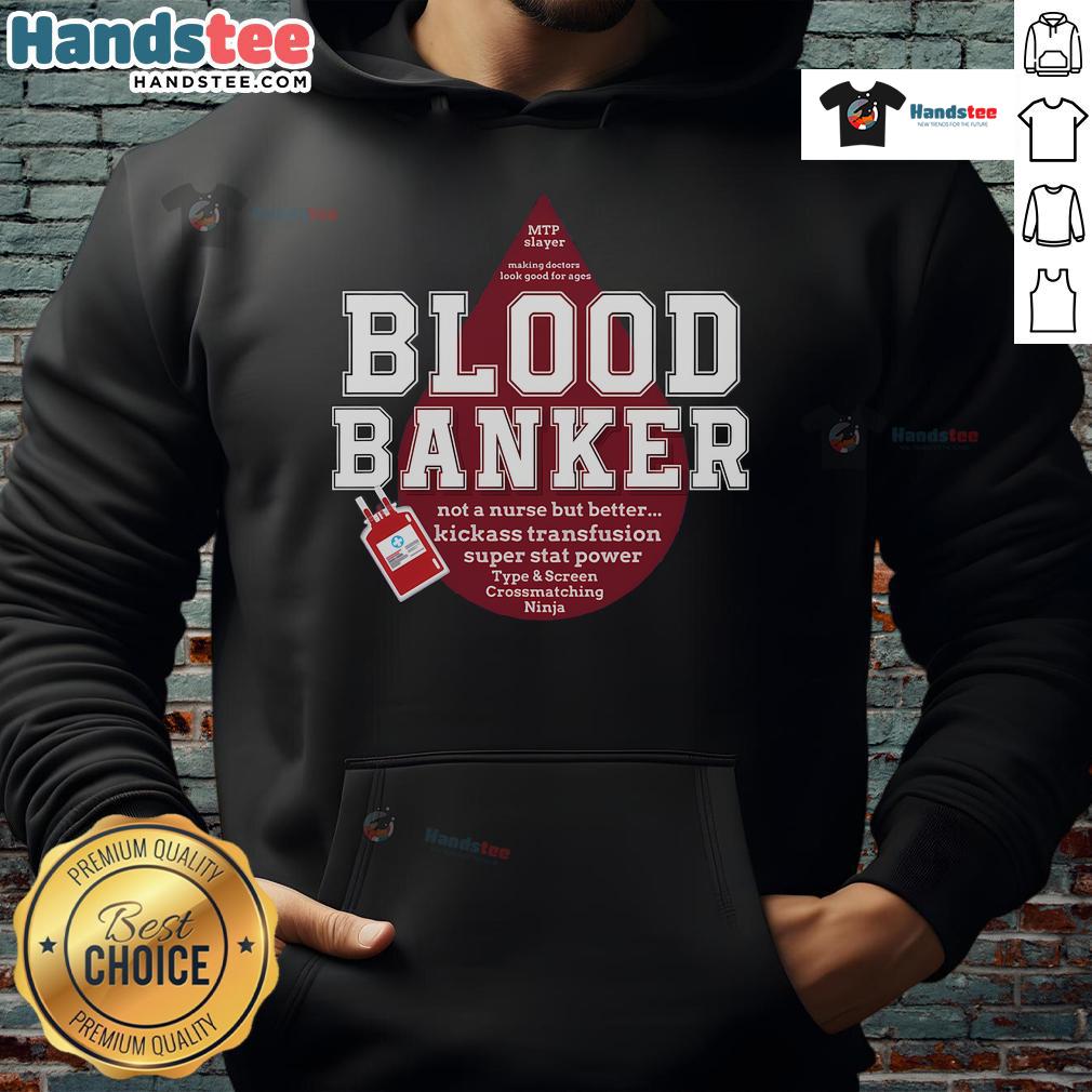 Lab scientist wearing a Nice Blood Bank hoodie in a medical lab during Lab Week, showcasing lab technology.