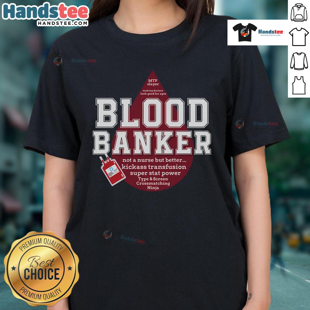 Lab scientist in a medical lab wearing a Nice Blood Bank tee, celebrating Lab Week with a smile.