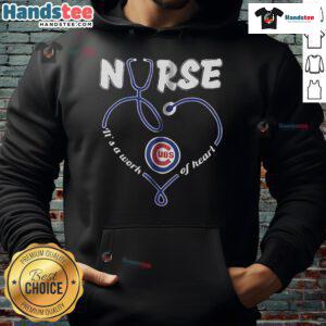 Chicago Cubs nurse hoodie featuring 'It's a Work of Heart' design, perfect for fans and healthcare workers.