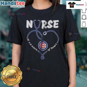 Chicago Cubs Nurse 'It's A Work Of Heart' Ladies Tee showcasing team spirit and nursing pride in vibrant colors.