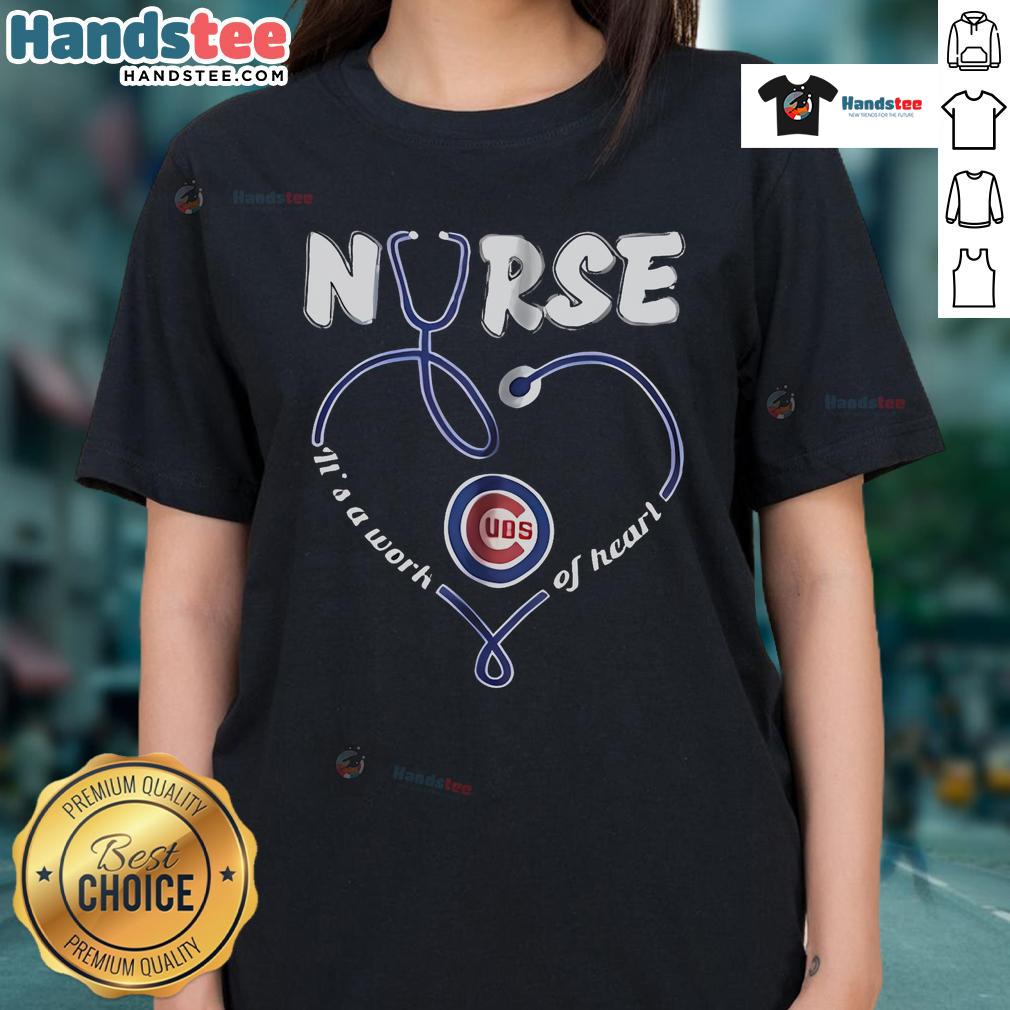 Chicago Cubs Nurse 'It's A Work Of Heart' Ladies Tee showcasing team spirit and nursing pride in vibrant colors.