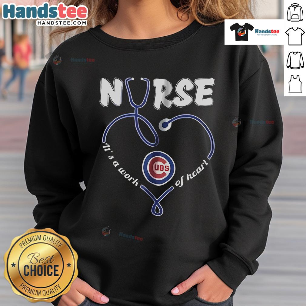 Chicago Cubs nurse sweatshirt featuring 'It's a Work of Heart' design, perfect for baseball fans and healthcare workers.