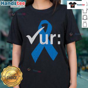 Blue ribbon for colorectal cancer awareness on a ladies' tee, promoting colonoscopy and health awareness.