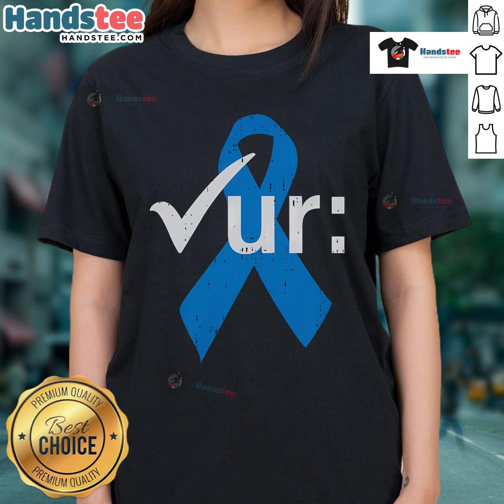 Blue ribbon for colorectal cancer awareness on a ladies' tee, promoting colonoscopy and health awareness.