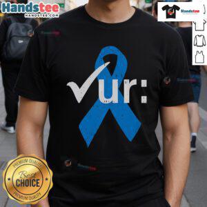 Colorectal cancer awareness t-shirt featuring a blue ribbon and colonoscopy design, promoting health and prevention.