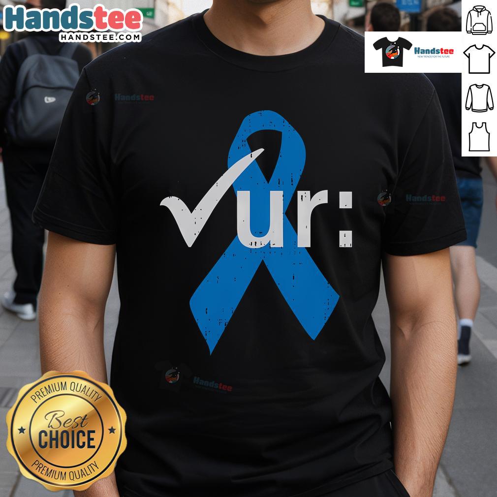 Colorectal cancer awareness t-shirt featuring a blue ribbon and colonoscopy design, promoting health and prevention.