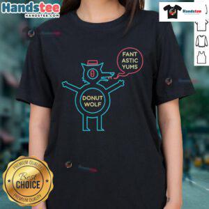 Stylish Ladies Tee featuring a cute wolf and donut design, perfect for fans of Fantastic Yums and playful fashion.