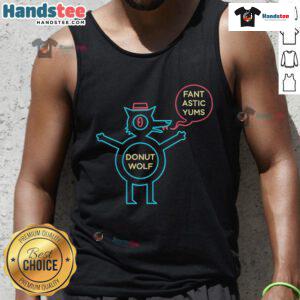 Nice donut wolf graphic on a Fantastic Yums tank top, perfect for fun and quirky casual wear.