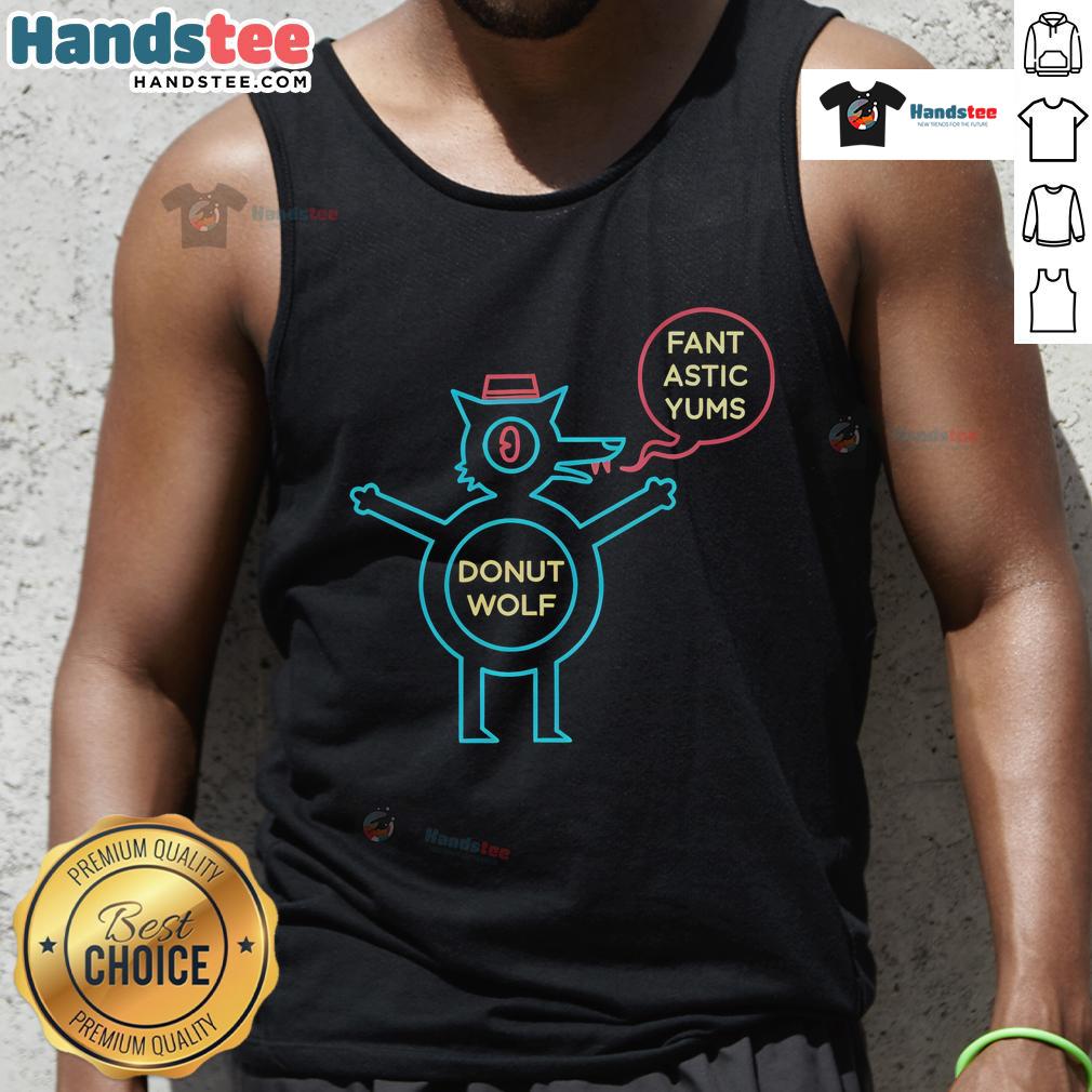 Nice donut wolf graphic on a Fantastic Yums tank top, perfect for fun and quirky casual wear.