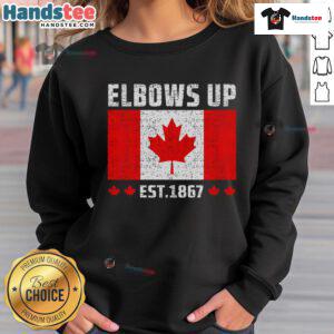 Nice Elbows Up Canada sweatshirt featuring 'True North Strong & Free' design, perfect for proud Canadians.