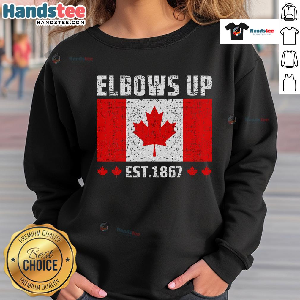 Nice Elbows Up Canada sweatshirt featuring 'True North Strong & Free' design, perfect for proud Canadians.