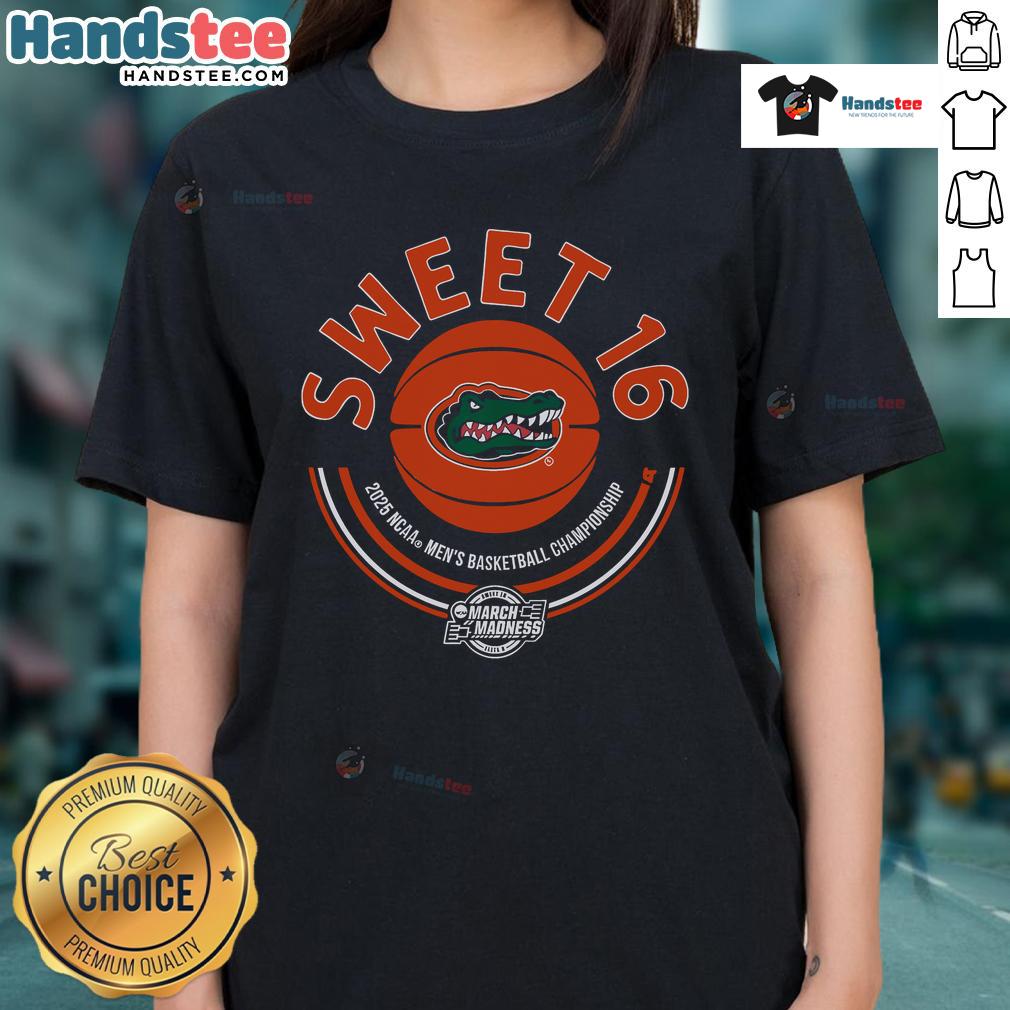 Nice Florida Basketball 2025 Sweet Sixteen Ladies Tee featuring vibrant colors and stylish design for fans.