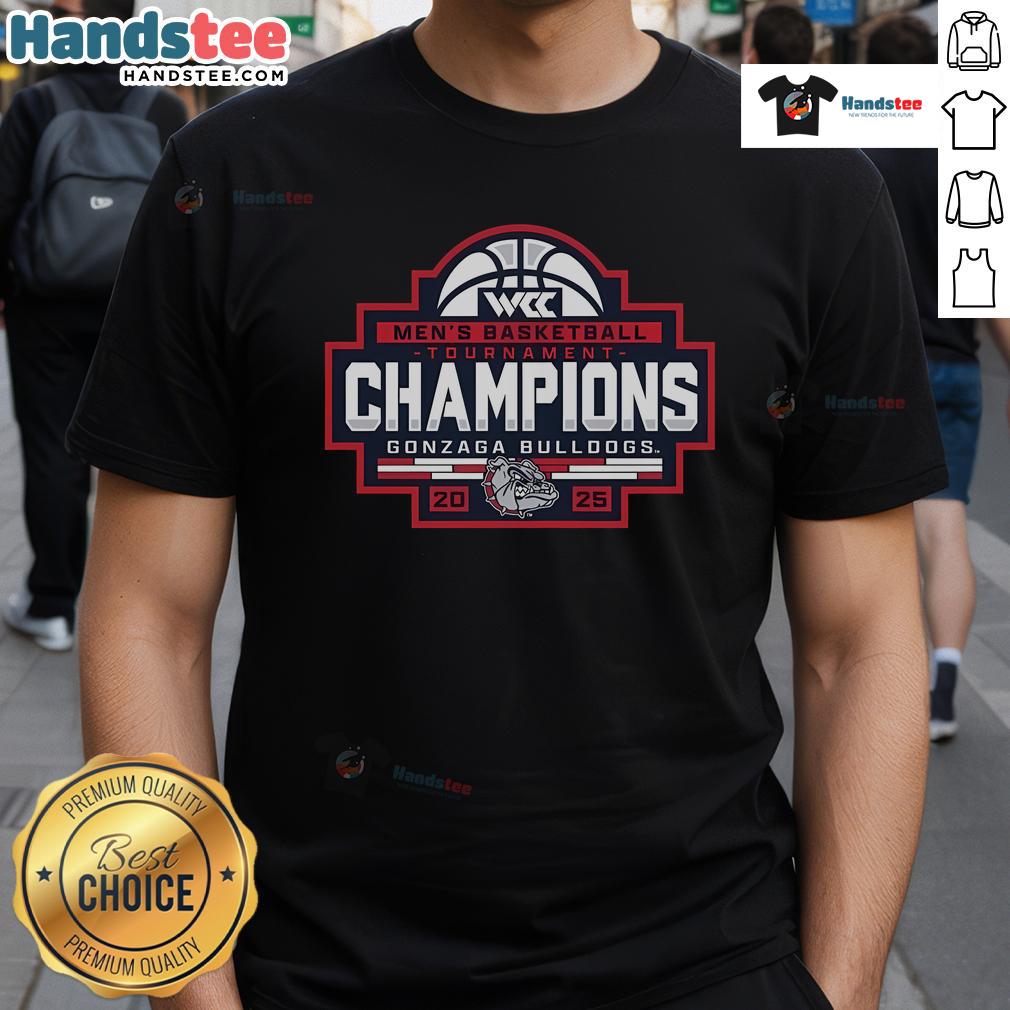 Alt Text: Gonzaga Bulldogs 2025 WCC Men's Basketball Conference Tournament Champions T-Shirt in vibrant colors and team logo.