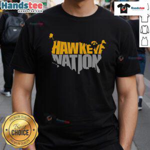 Stylish 'Hawkeye Nation Iowa Map' T-shirt design for Iowa lovers, showcasing pride for Iowa's beautiful landscapes.