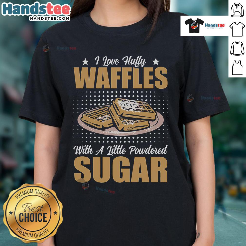 Fluffy waffles with powdered sugar, featured on a stylish ladies tee, perfect for breakfast lovers and waffle enthusiasts.