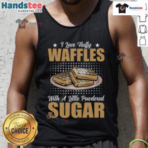Cute tank top featuring 'I Love Fluffy Waffles' design with powdered sugar, perfect for waffle lovers.