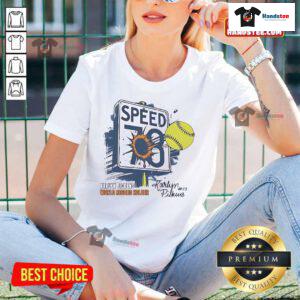 Alt Text: Karlyn Pickens, Tennessee Volunteers softball player, holds world record for speed, wearing ladies' tee.