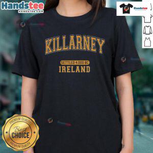 Alt Text: Vintage arched orange ladies tee featuring Killarney, Ireland, settled 4000 BC, perfect for casual wear and travel.