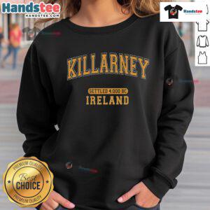 Vintage arched orange sweatshirt featuring 'Nice Killarney Ireland Settled 4000 BC' design, perfect for casual wear.
