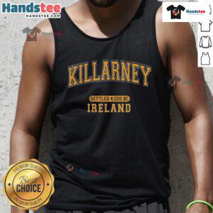 Vintage arched orange tank top featuring Killarney, Ireland, settled 4000 BC, perfect for summer style.