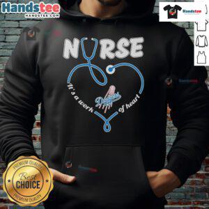 Alt Text: Cozy Los Angeles Dodgers hoodie with It's a Work of Heart design, perfect for nurses and baseball fans alike.