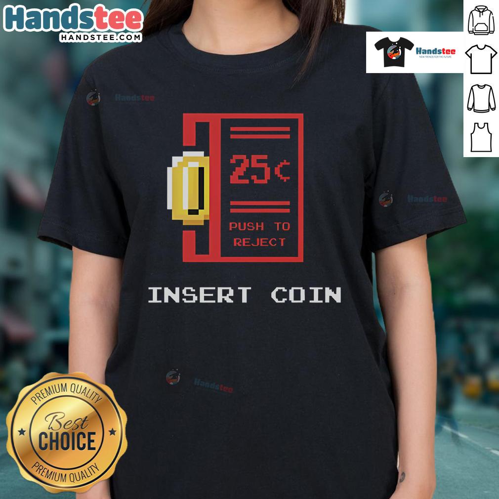 Retro 8-bit ladies tee featuring a Nice Mario coin insert and push-to-reject design, perfect for gaming fans.