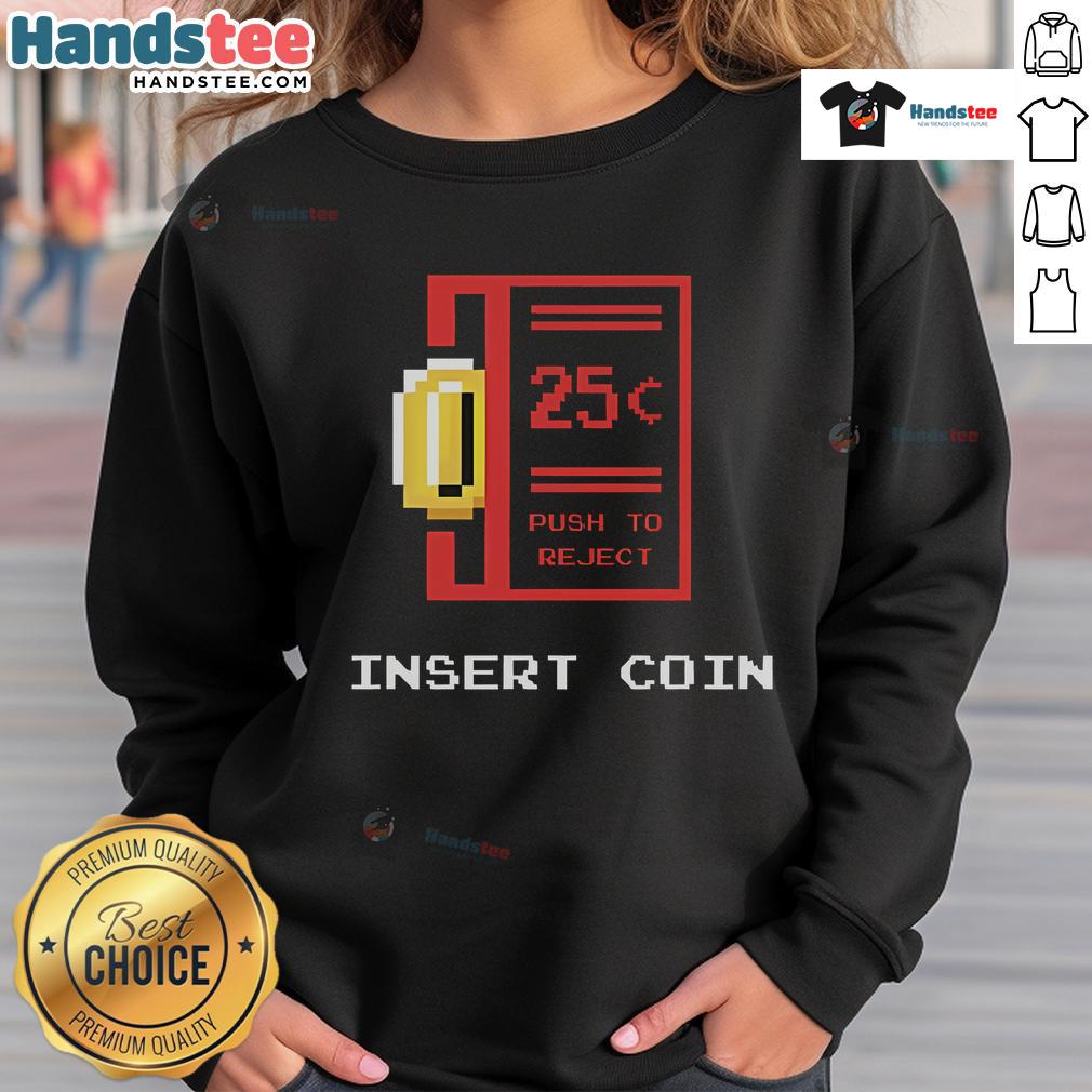 Alt Text: Retro 8-bit sweatshirt featuring a 'Nice Mario Coin' graphic with a coin insert and push-to-reject design.