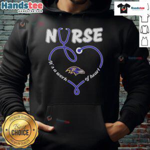 Baltimore Ravens hoodie featuring 'Nice Nurse, It's A Work Of Heart' design, perfect for sports fans and nurses.