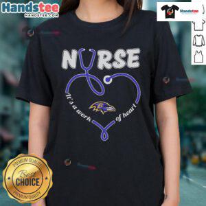 Baltimore Ravens ladies tee featuring 'Nice Nurse It's A Work Of Heart' design, perfect for fans and healthcare workers.