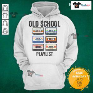 Vintage cassette tapes on a retro hoodie, showcasing a nice old school playlist and nostalgic memories from the 70s and 80s.